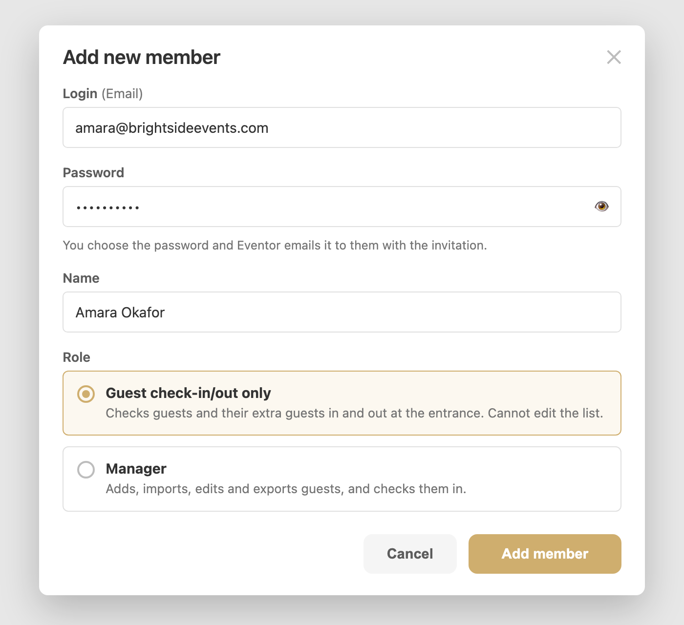 The Add new member dialog with login, password, name and role
