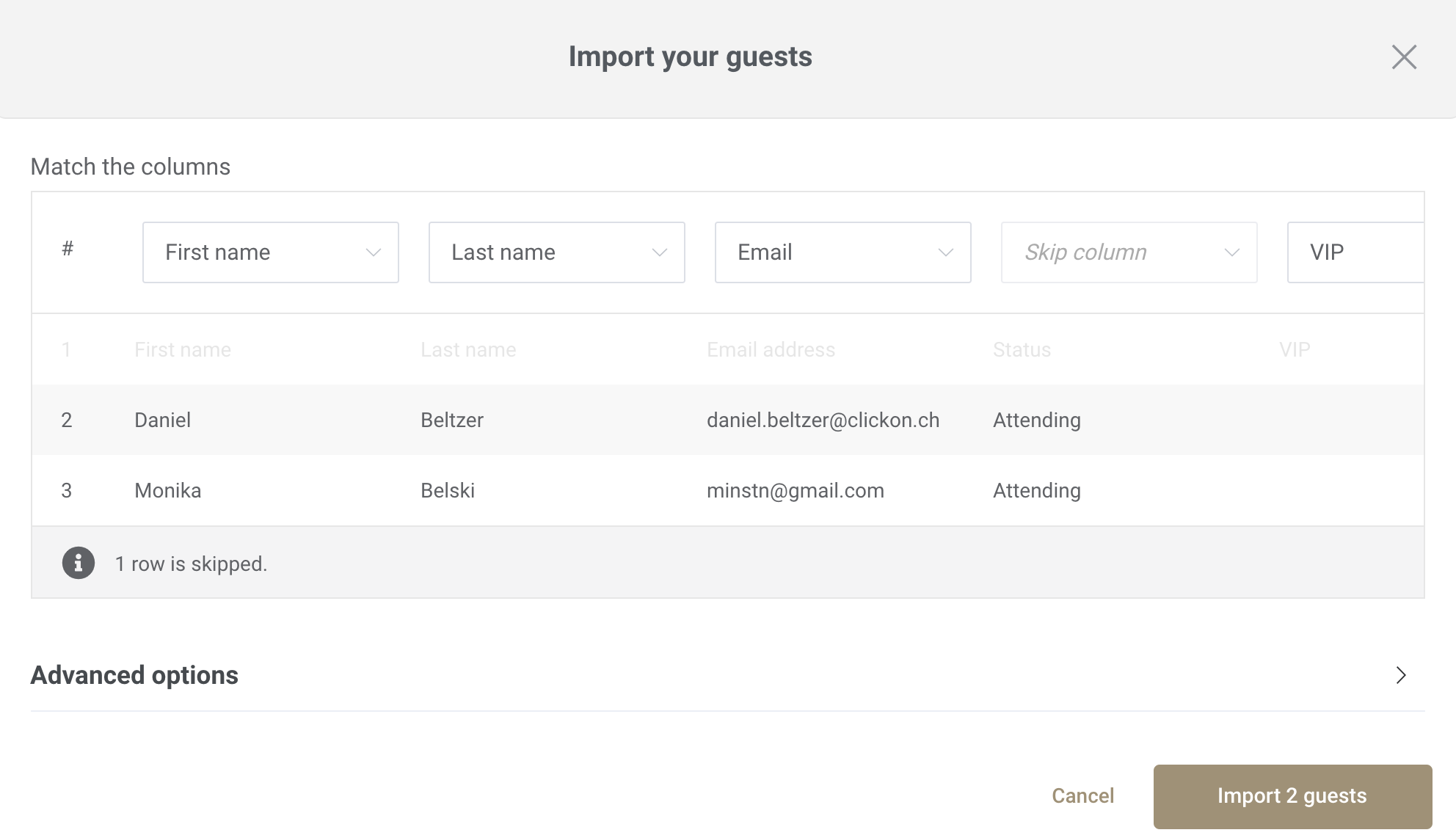 Mandatory guest list columns for Eventor