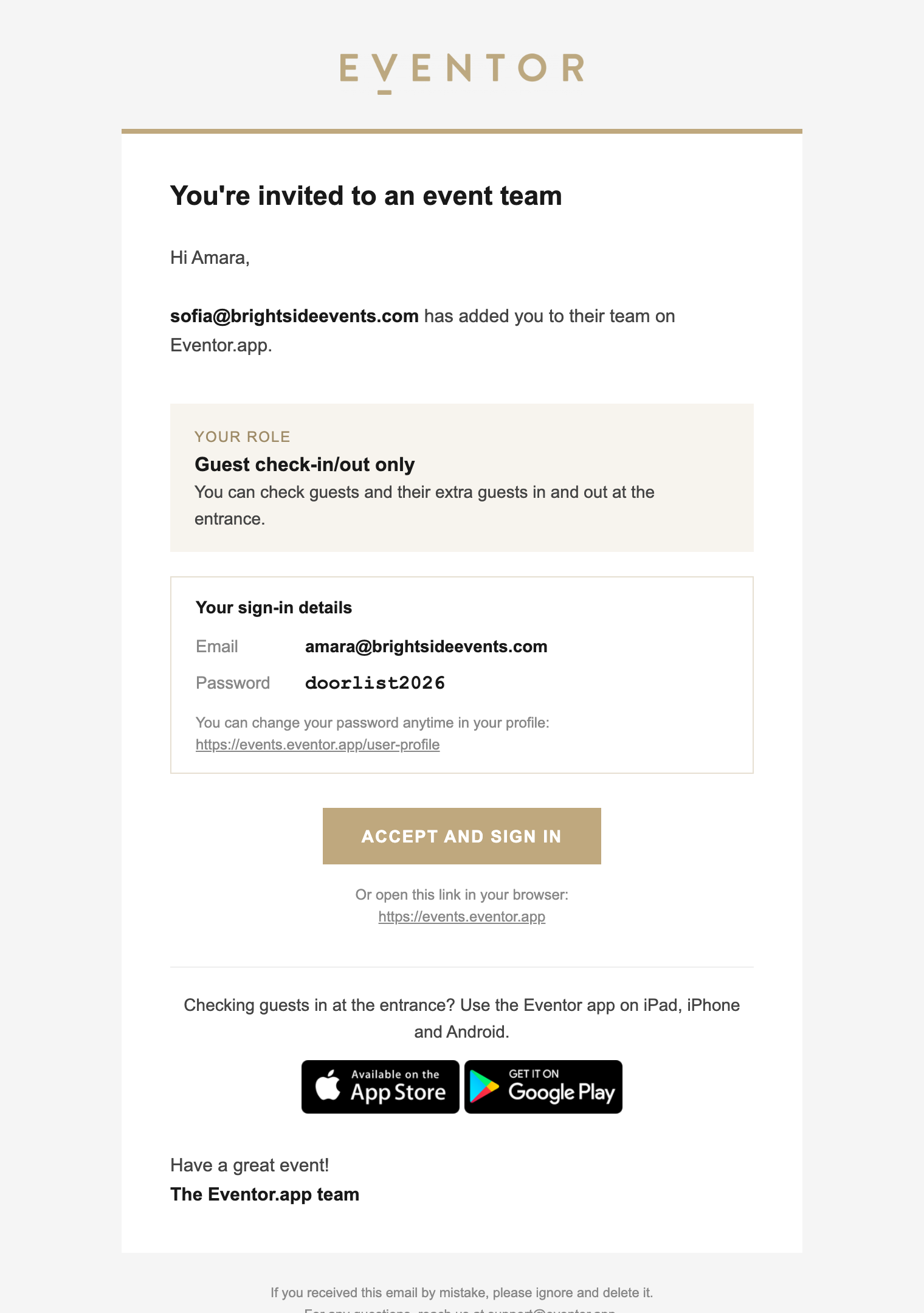 The Eventor team invitation email showing the role and sign-in details