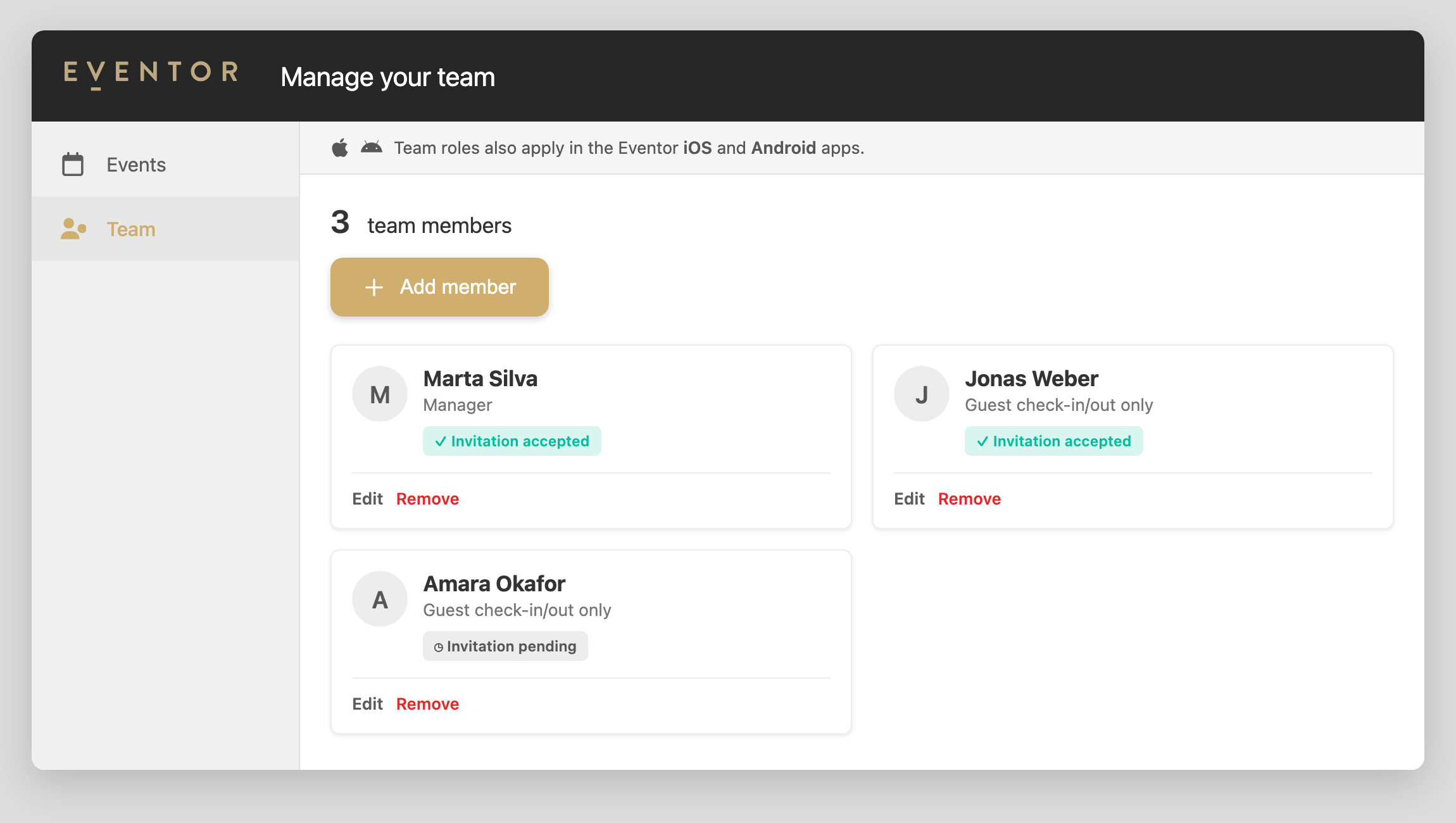 Manage your team in Eventor, with the Team menu item open and three members listed